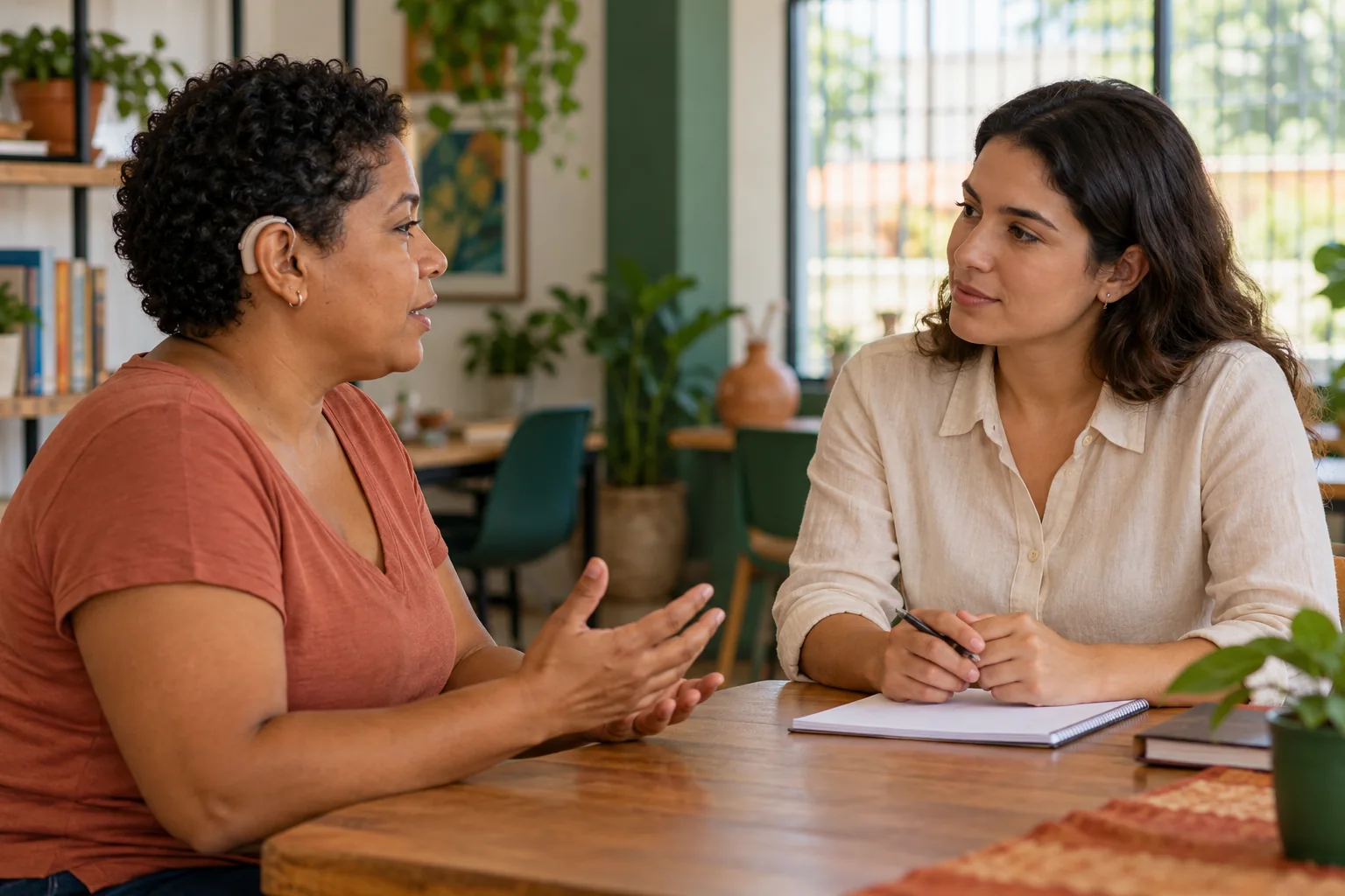 Mulher com aparelho auditivo conversando em um atendimento ilustrativo.