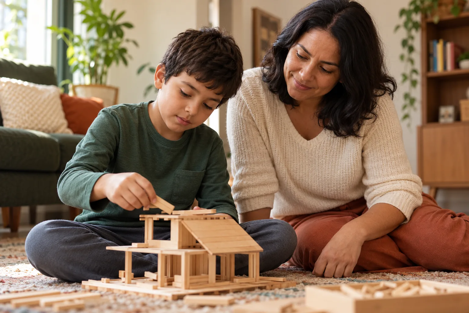 Mãe e filho montando uma construção de madeira no chão de casa, em cena ilustrativa.