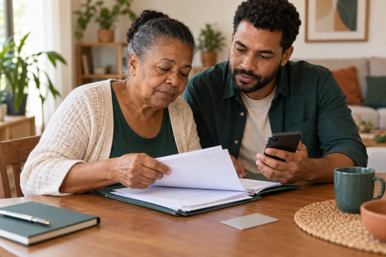 Mulher idosa e familiar conferindo documentos e um celular, em cena ilustrativa.